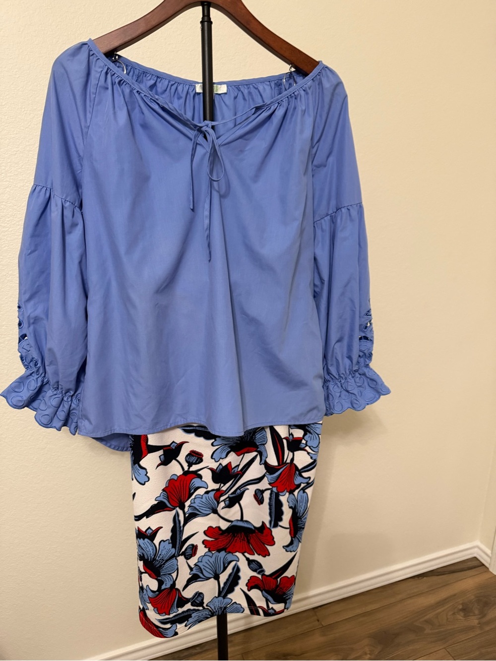 Women’s Blue Off-Shoulder Blouse and Floral Pencil Skirt Set